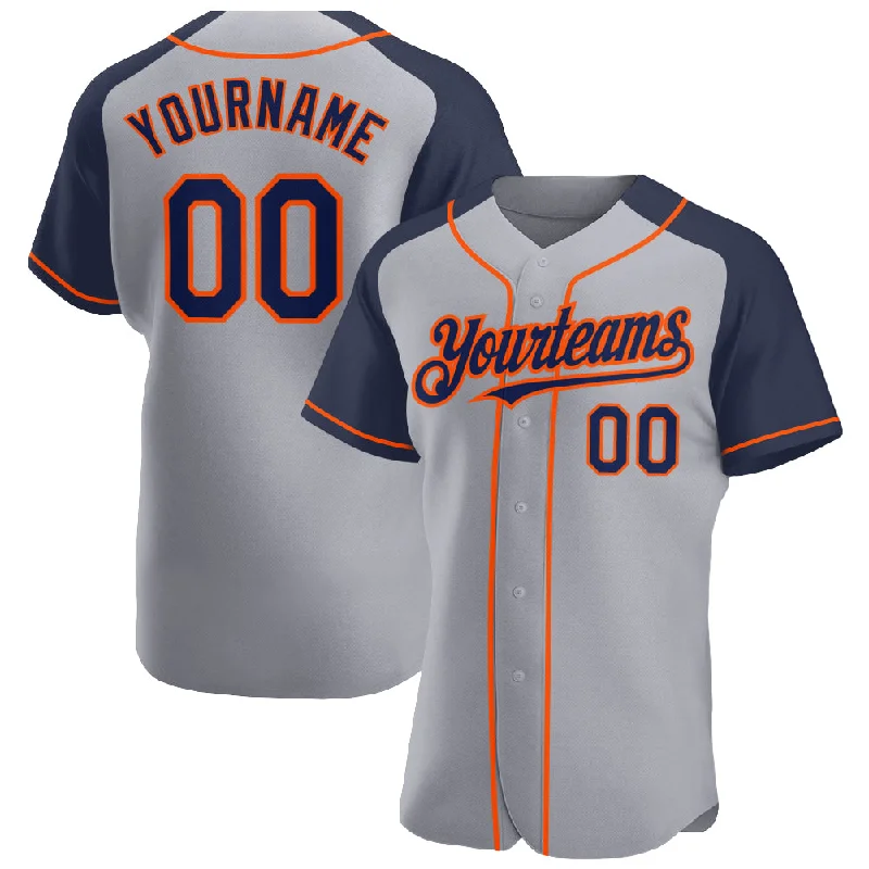 Baseball Jersey for School Spirit Wear-Custom Gray Navy-Orange Authentic Raglan Sleeves Baseball Jersey