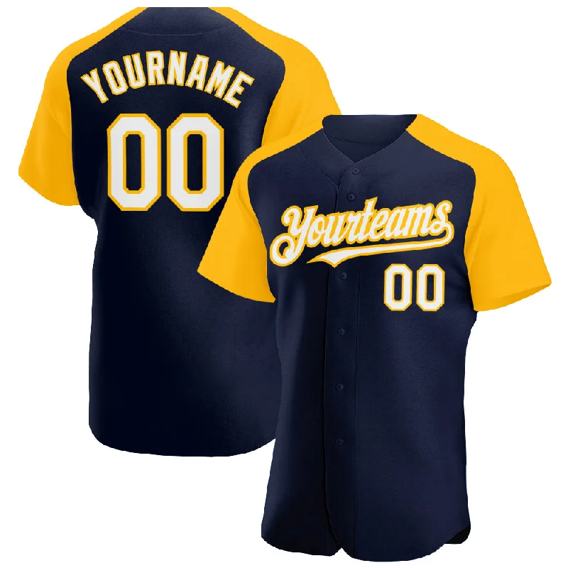 Baseball Jersey for Girls-Custom Navy White-Gold Authentic Raglan Sleeves Baseball Jersey