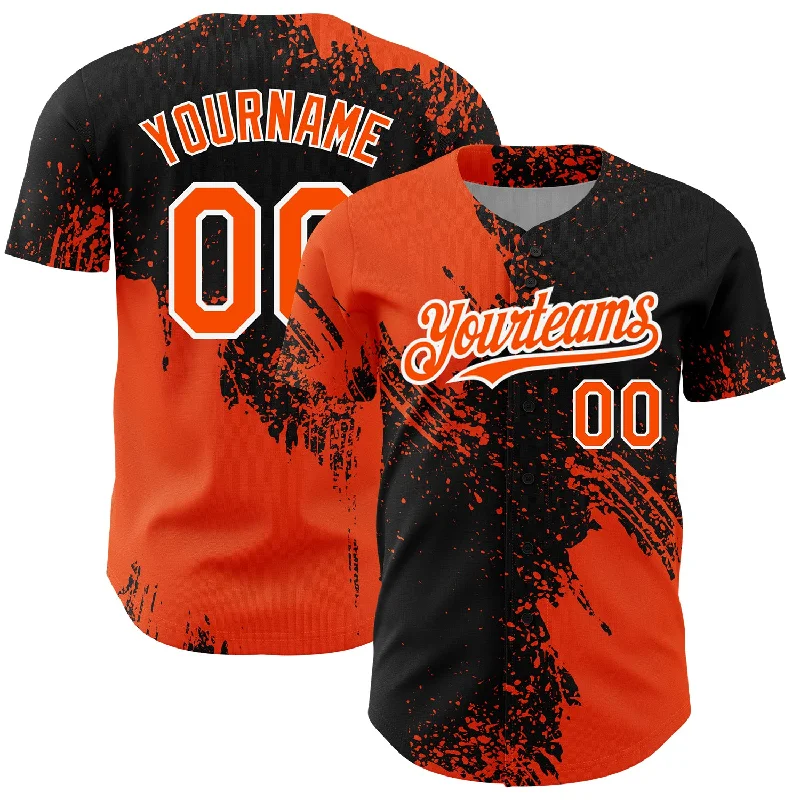 Baseball Jersey for Casual Baseball Fans-Custom Black Orange-White 3D Pattern Design Abstract Brush Stroke Authentic Baseball Jersey