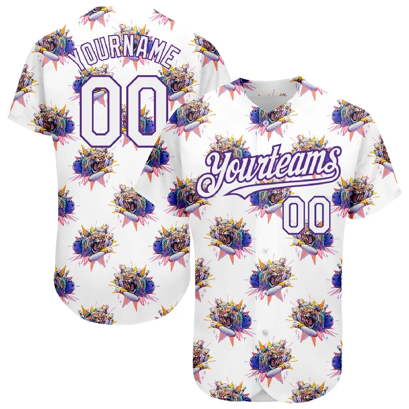 Baseball Jersey for Softball and Baseball Customization-Custom White Purple 3D Pattern Design Growling Lion Among The Bowling Authentic Baseball Jersey