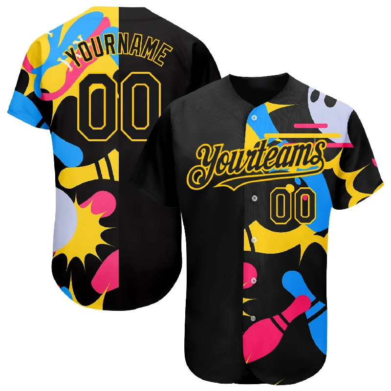 Baseball Jersey for Youth Baseball Teams-Custom Black Yellow 3D Pattern Design Bowling Authentic Baseball Jersey