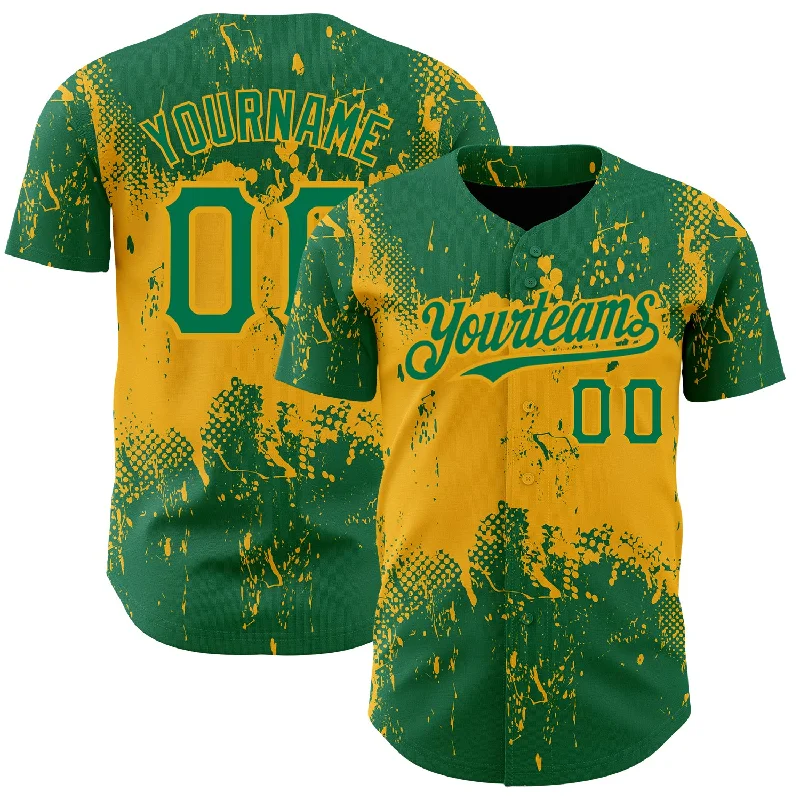 Baseball Jersey for Comfortable All-Day Wear-Custom Kelly Green Gold 3D Pattern Design Abstract Splatter Grunge Art Authentic Baseball Jersey