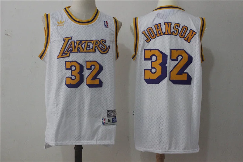 Basketball Jersey for Comfortable Fit for All-Size Players-Lakers 32 Magic Johnson White Hardwood Classics Basketball Jersey