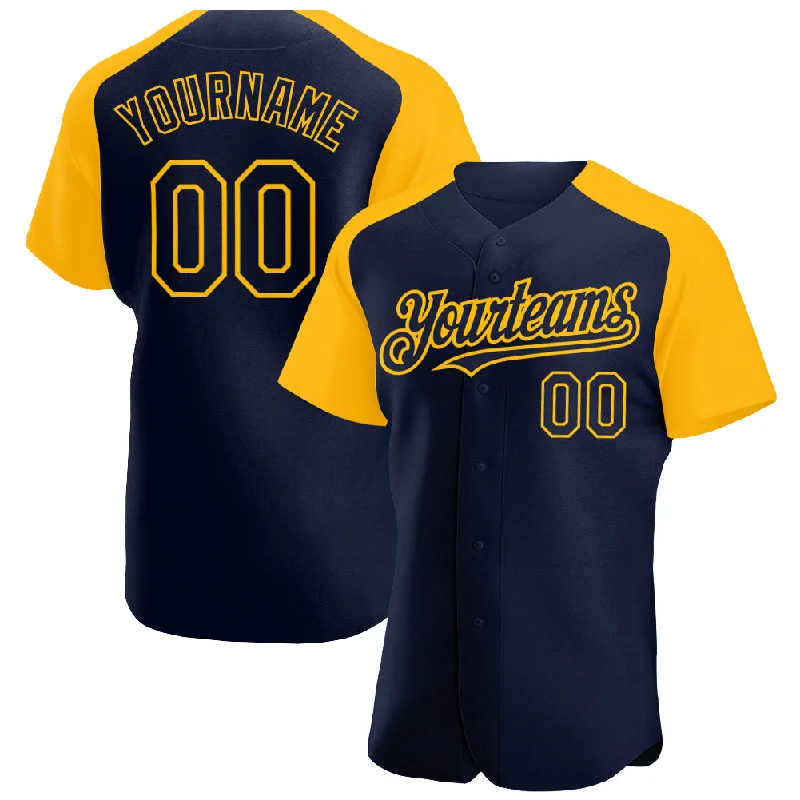 Baseball Jersey for Youth Baseball Players-Custom Navy Gold Authentic Raglan Sleeves Baseball Jersey