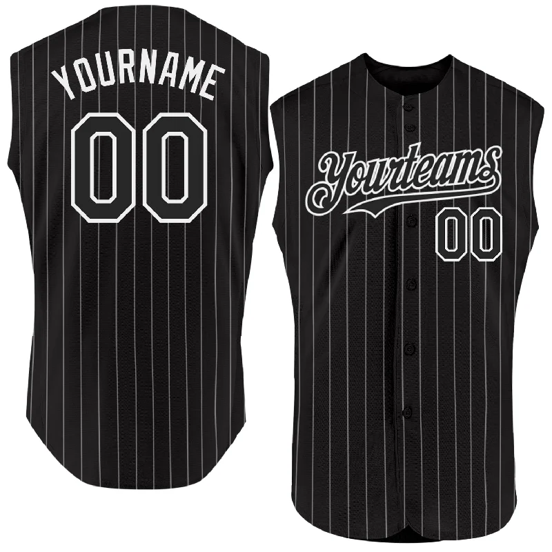 Baseball Jersey for All-Age Groups-Custom Black White Pinstripe Gold Authentic Sleeveless Baseball Jersey