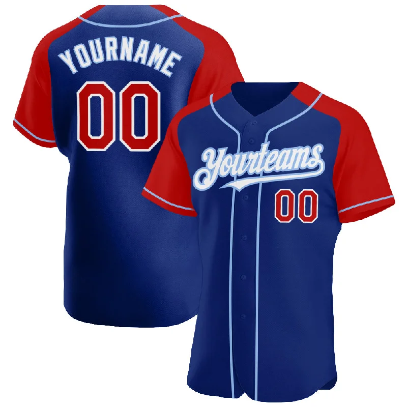 Baseball Jersey for Soft Fabric Feel-Custom Royal Red-Light Blue Authentic Raglan Sleeves Baseball Jersey