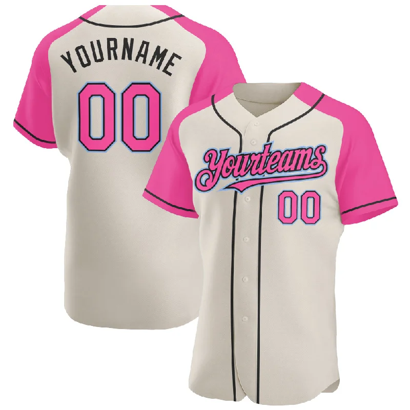 Baseball Jersey for Youth-Custom Cream Pink Black-Light Blue Authentic Raglan Sleeves Baseball Jersey