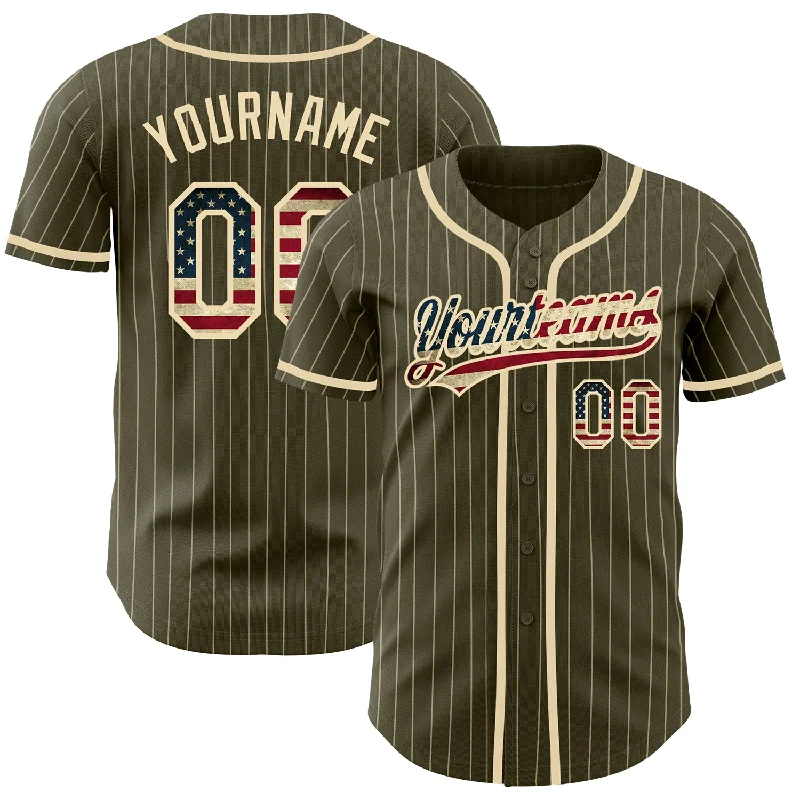 Baseball Jersey for High-Quality Fit and Design-Custom Olive City Cream Pinstripe Vintage USA Flag Authentic Salute To Service Baseball Jersey