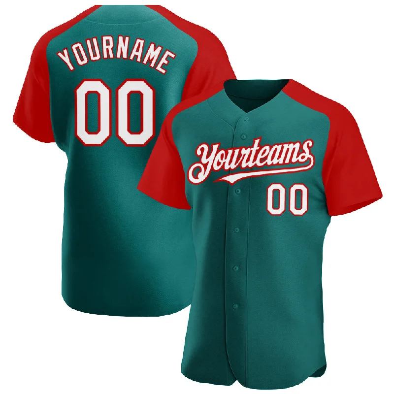 Baseball Jersey for Casual Baseball Supporter Gear-Custom Teal White-Red Authentic Raglan Sleeves Baseball Jersey