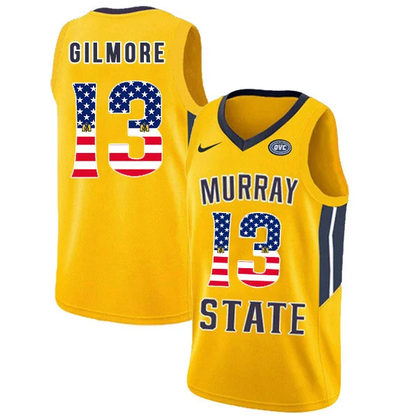 Basketball Jersey for Comfortable Fit for All-Size Players-Murray State Racers 13 Devin Gilmore Yellow USA Flag College Basketball Basketball Jersey