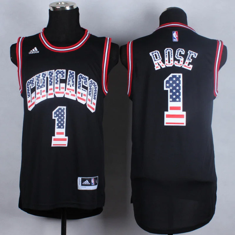 Basketball Jersey for Breathable Sports Fabric-Bulls 1 Rose Black USA Flag Fashion Basketball Jerseys