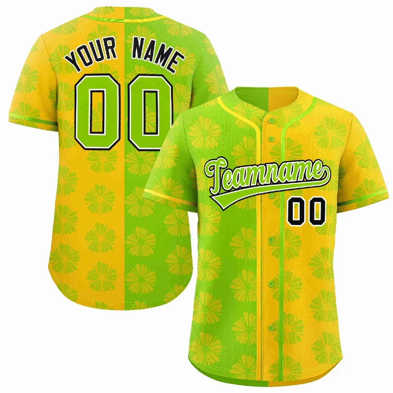 Baseball Jersey for Custom Logo Designs-Custom Neon Green Gold Split Fashion Flower Graffiti Pattern Authentic Baseball Jersey