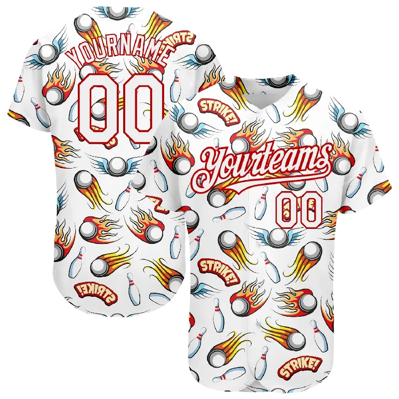 Baseball Jersey for High-Quality Fit and Design-Custom White Red 3D Pattern Design Firely Bowling Authentic Baseball Jersey