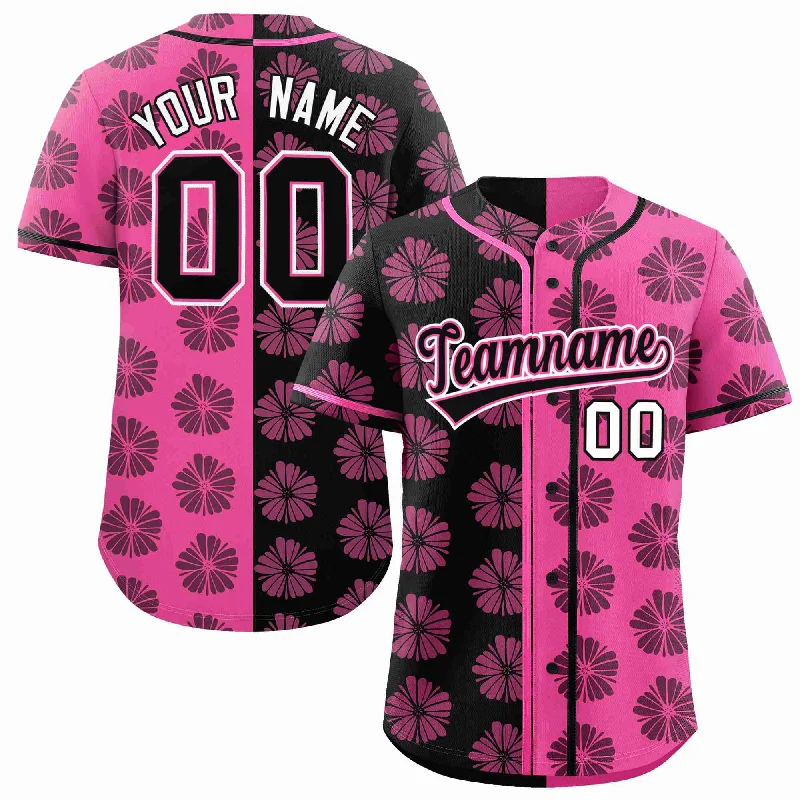 Baseball Jersey for Casual Wear-Custom Black Pink Split Fashion Flower Graffiti Pattern Authentic Baseball Jersey