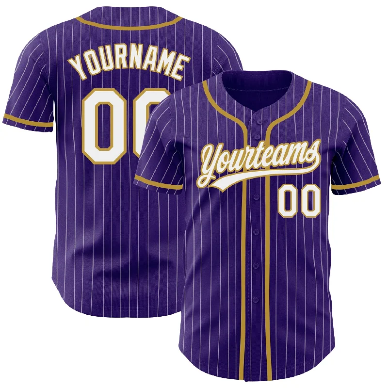 Baseball Jersey for Home and Away Games-Custom Purple White Pinstripe Old Gold Authentic Baseball Jersey