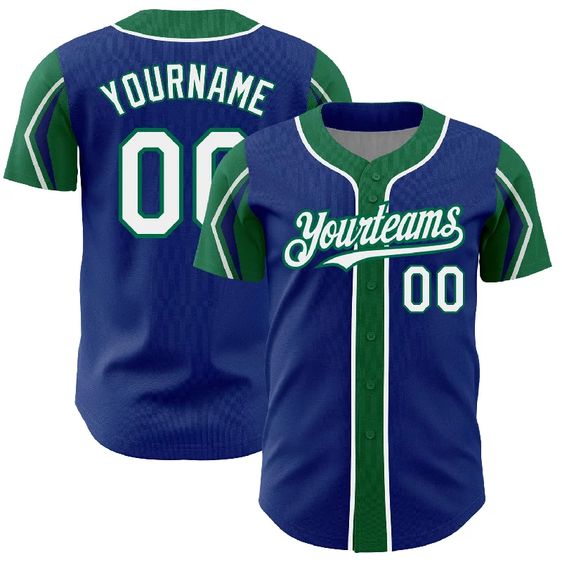 Baseball Jersey for Comfortable and Soft Team Jerseys-Custom Royal White-Kelly Green 3 Colors Arm Shapes Authentic Baseball Jersey