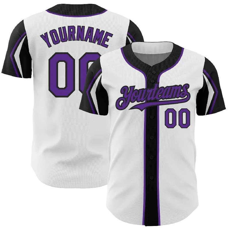 Baseball Jersey for Authentic Team Design-Custom White Purple-Black 3 Colors Arm Shapes Authentic Baseball Jersey