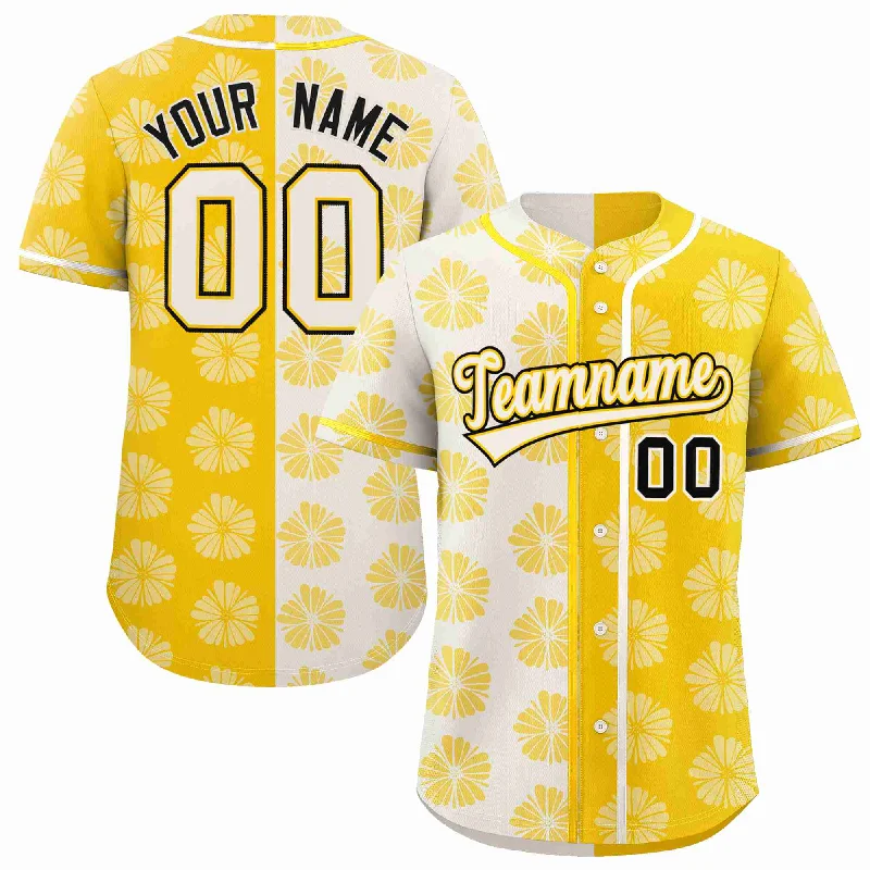 Baseball Jersey for Breathable and Soft Fit-Custom Cream Gold Split Fashion Flower Graffiti Pattern Authentic Baseball Jersey