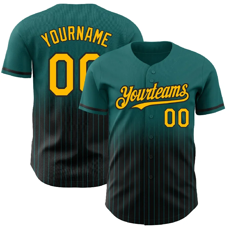 Baseball Jersey for Custom Sports Uniforms-Custom Teal Pinstripe Gold-Black Authentic Fade Fashion Baseball Jersey