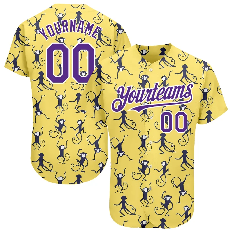 Baseball Jersey for Custom Team Colors-Custom Yellow Purple-White 3D Pattern Design Monkey Authentic Baseball Jersey