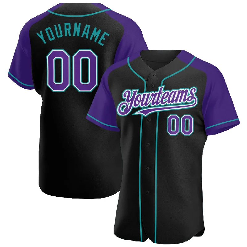 Baseball Jersey for High-Quality Fan Apparel-Custom Black Purple-Teal Authentic Raglan Sleeves Baseball Jersey