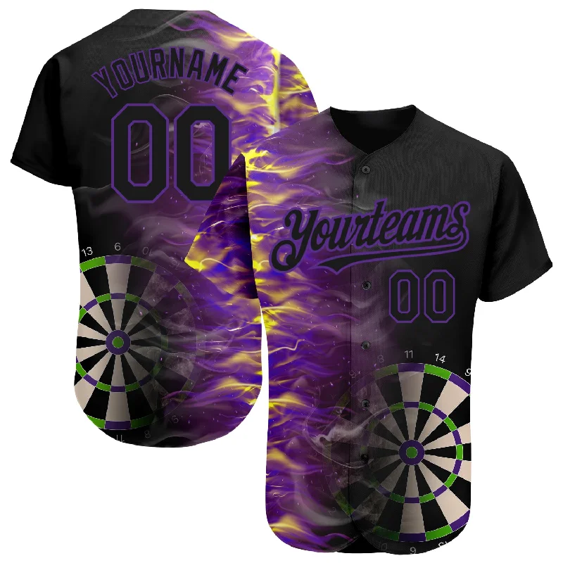 Baseball Jersey for Authentic Team Spirit-Custom Black Purple 3D Pattern Design Fiery Dart Board Authentic Baseball Jersey