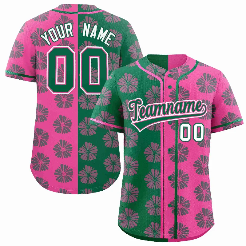 Baseball Jersey for Casual Baseball Fans-Custom Kelly Green Pink Split Fashion Flower Graffiti Pattern Authentic Baseball Jersey