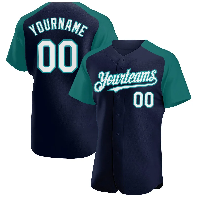 Baseball Jersey for Kids-Custom Navy White-Teal Authentic Raglan Sleeves Baseball Jersey