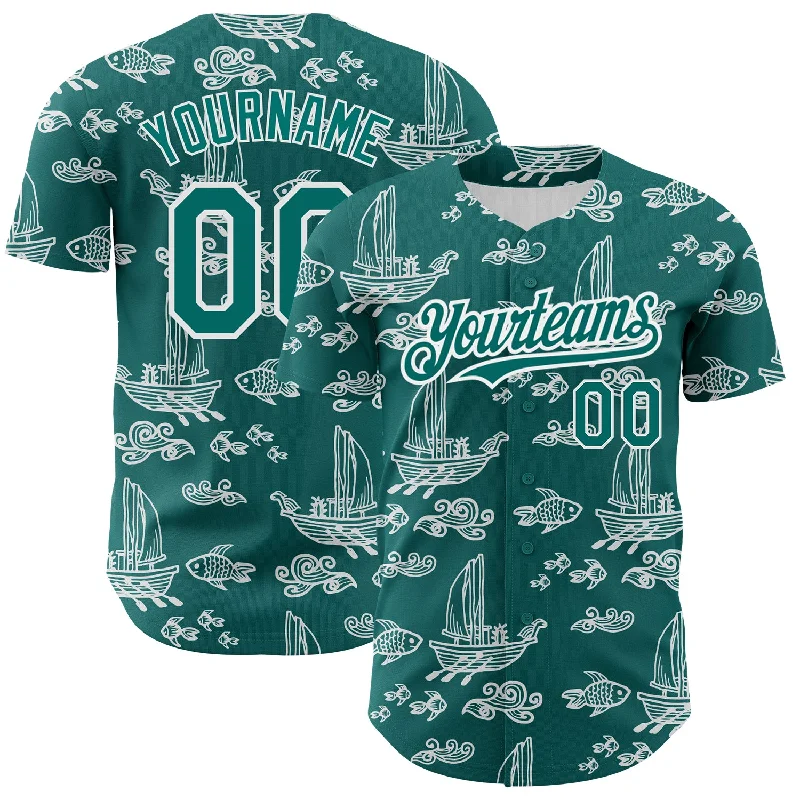 Baseball Jersey for Classic Team Jersey Look-Custom Teal White 3D Pattern Design Boats And Fish Authentic Baseball Jersey