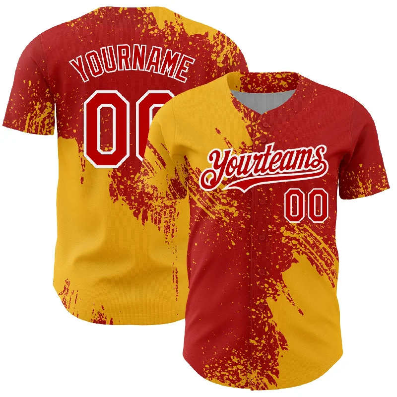 Baseball Jersey for Comfortable Game Wear-Custom Red Gold-White 3D Pattern Design Abstract Brush Stroke Authentic Baseball Jersey