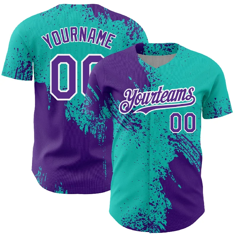 Baseball Jersey for Breathable Design-Custom Aqua Purple-White 3D Pattern Design Abstract Brush Stroke Authentic Baseball Jersey