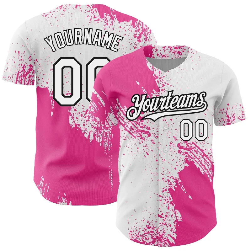 Baseball Jersey for Affordable Custom Jerseys-Custom White Pink-Black 3D Pattern Design Abstract Brush Stroke Authentic Baseball Jersey