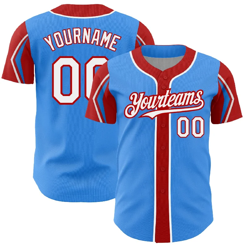 Baseball Jersey for Stylish Uniform Designs-Custom Electric Blue White-Red 3 Colors Arm Shapes Authentic Baseball Jersey