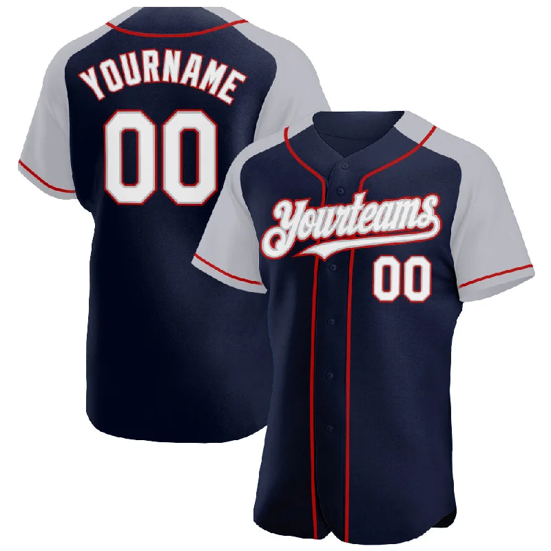 Baseball Jersey for Personalized Apparel-Custom Navy White Gray-Red Authentic Raglan Sleeves Baseball Jersey