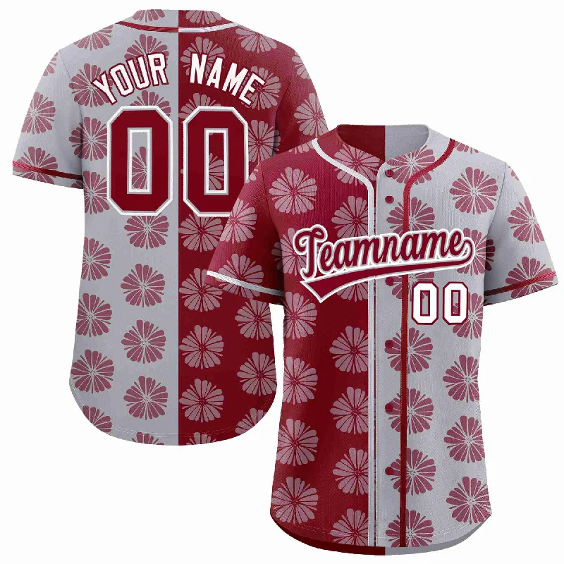 Baseball Jersey for Retro and Vintage Style-Custom Crimson Light Gray Split Fashion Flower Graffiti Pattern Authentic Baseball Jersey