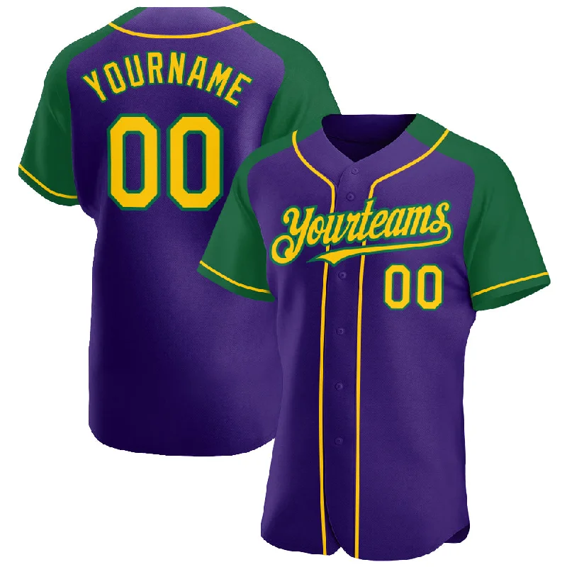 Baseball Jersey for Casual Wear-Custom Purple Yellow-Kelly Green Authentic Raglan Sleeves Baseball Jersey