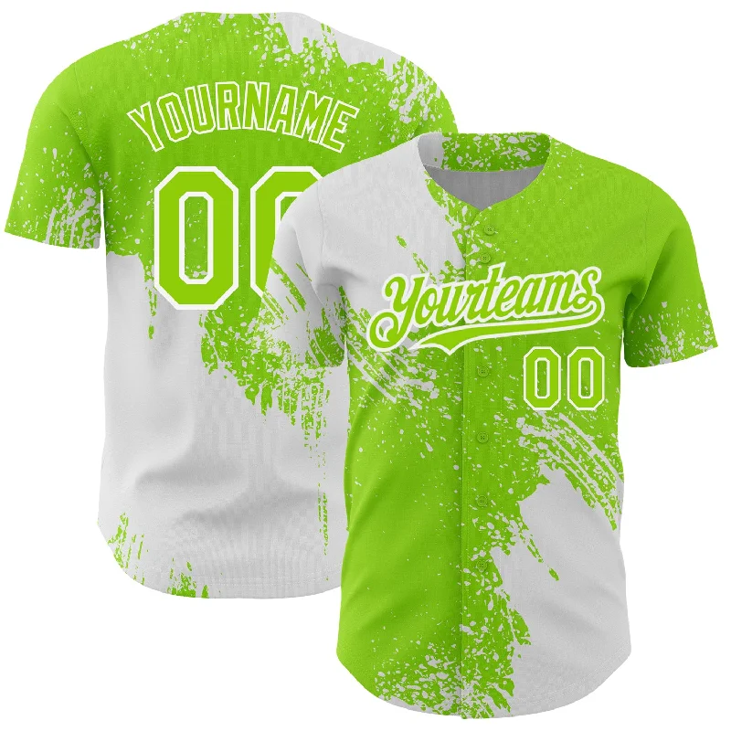 Baseball Jersey for Outdoor Play-Custom Neon Green White 3D Pattern Design Abstract Brush Stroke Authentic Baseball Jersey