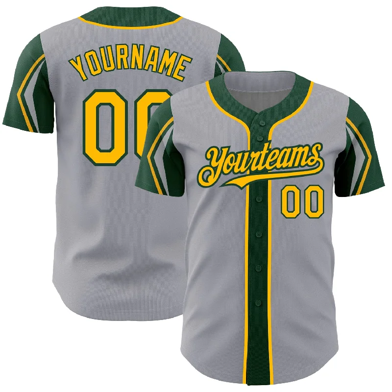 Baseball Jersey for Comfortable Game Wear-Custom Gray Gold-Green 3 Colors Arm Shapes Authentic Baseball Jersey