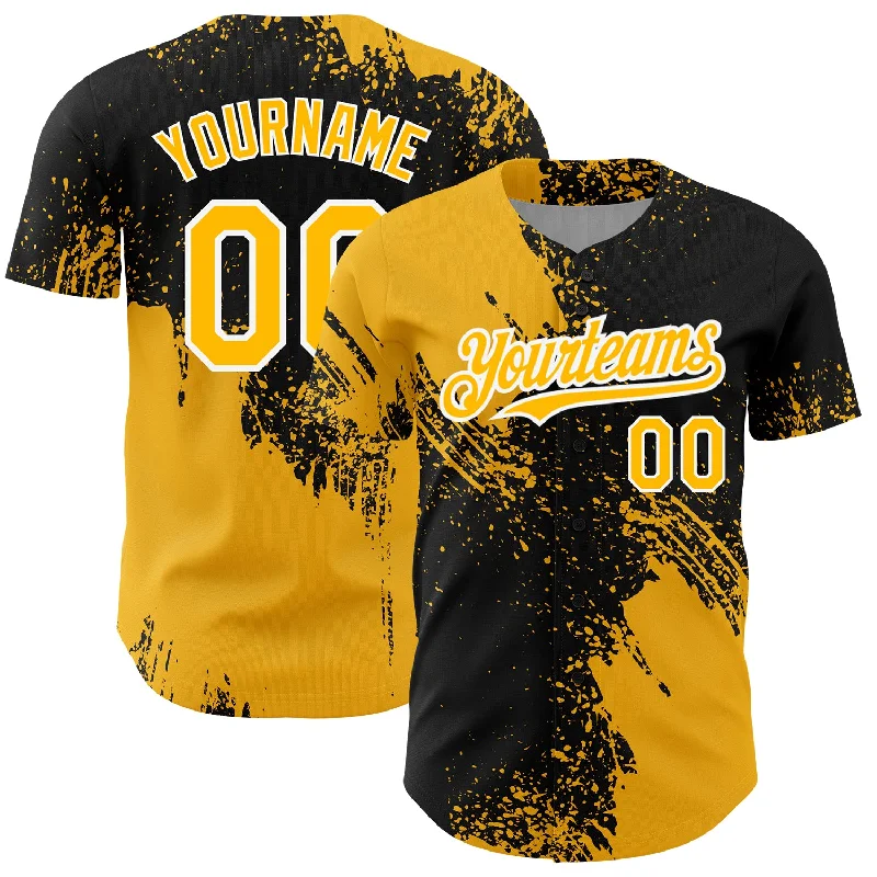 Baseball Jersey for Authentic Team Design-Custom Black Gold-White 3D Pattern Design Abstract Brush Stroke Authentic Baseball Jersey