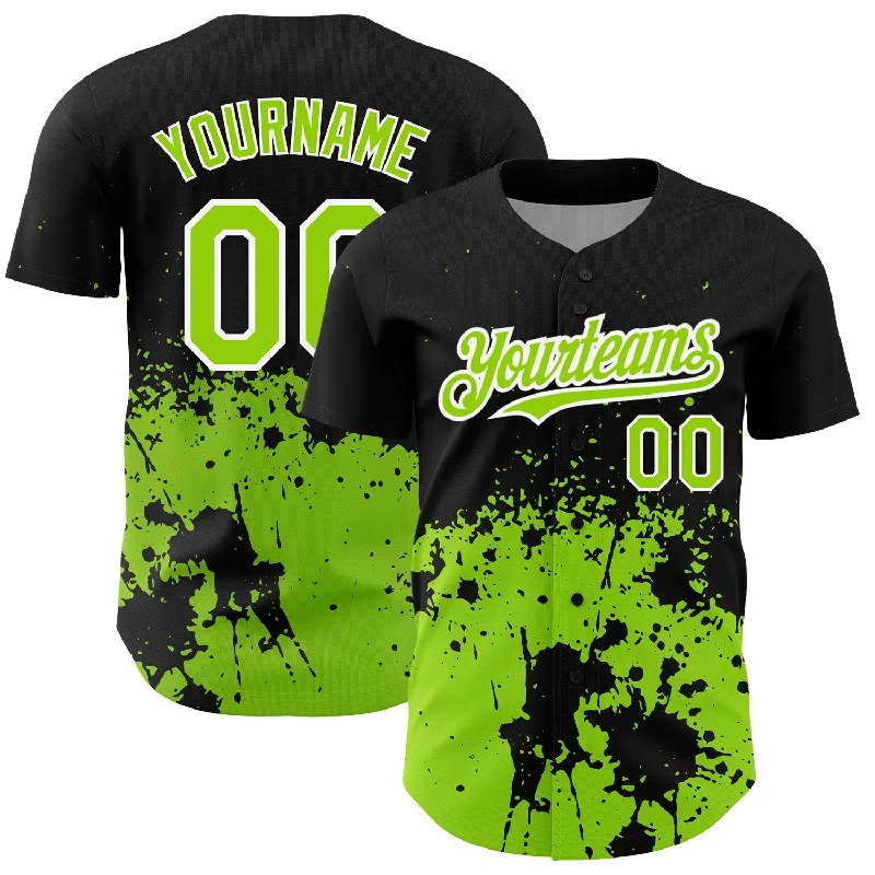 Baseball Jersey for Sports League Uniforms-Custom Black Neon Green-White 3D Pattern Design Abstract Splash Grunge Art Authentic Baseball Jersey