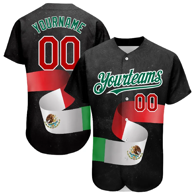 Baseball Jersey for Team Member Jerseys-Custom Black Red Kelly Green 3D Mexican Flag Authentic Baseball Jersey