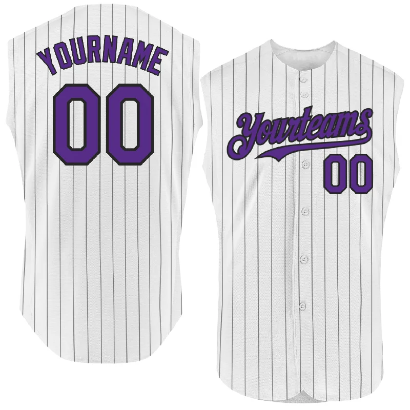 Baseball Jersey for Custom Printed Designs-Custom White Black Pinstripe Purple Authentic Sleeveless Baseball Jersey