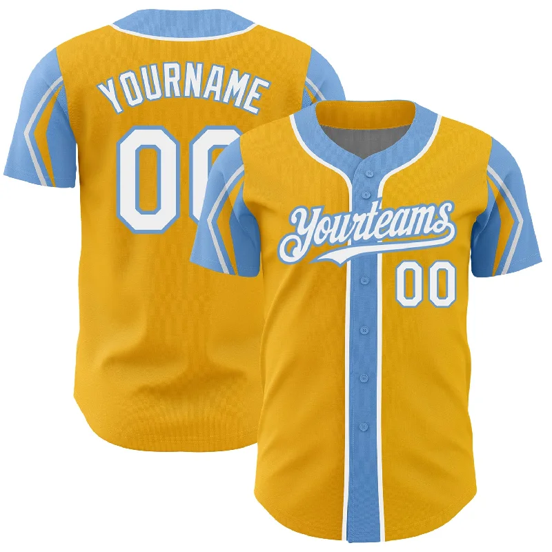 Baseball Jersey for Baseball Game Gear-Custom Gold White-Light Blue 3 Colors Arm Shapes Authentic Baseball Jersey