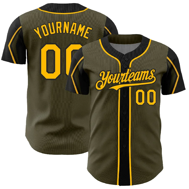 Baseball Jersey for High School Uniforms-Custom Olive Gold-Black 3 Colors Arm Shapes Authentic Salute To Service Baseball Jersey