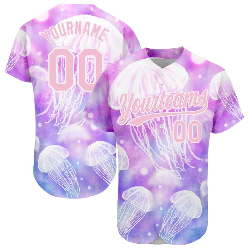 Baseball Jersey for Team Uniforms-Custom Purple Light Pink-White 3D Pattern Design Jellyfish Authentic Baseball Jersey