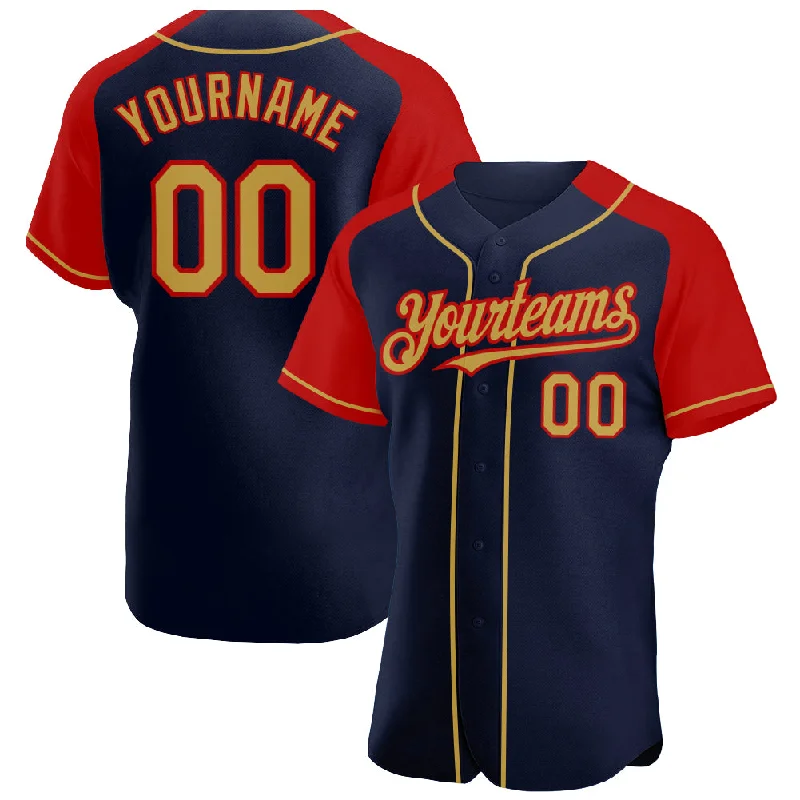 Baseball Jersey for School Spirit-Custom Navy Old Gold-Red Authentic Raglan Sleeves Baseball Jersey