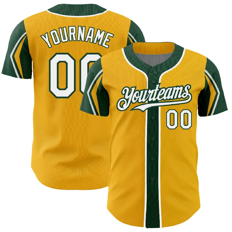 Baseball Jersey for Comfortable Play Uniforms-Custom Gold White-Green 3 Colors Arm Shapes Authentic Baseball Jersey