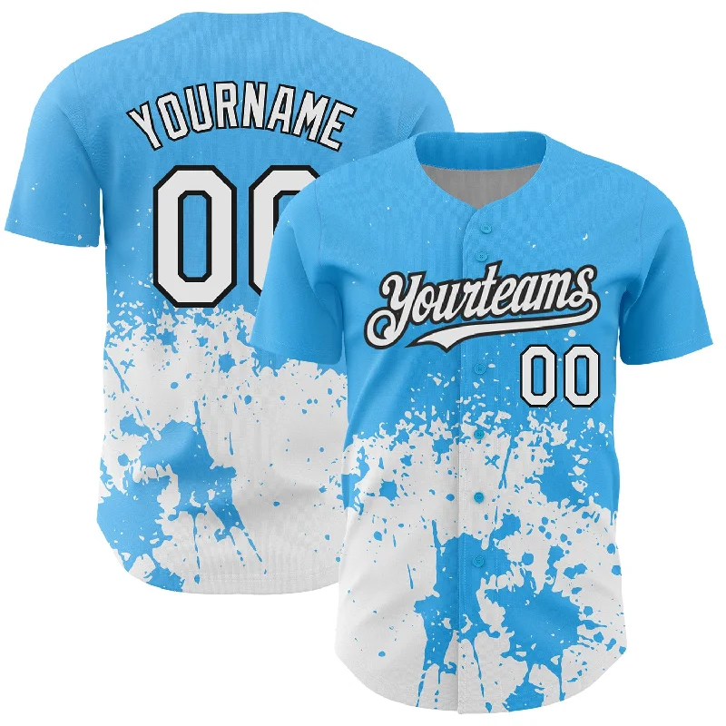 Baseball Jersey for Soft Material Comfort-Custom Sky Blue White-Black 3D Pattern Design Abstract Splash Grunge Art Authentic Baseball Jersey