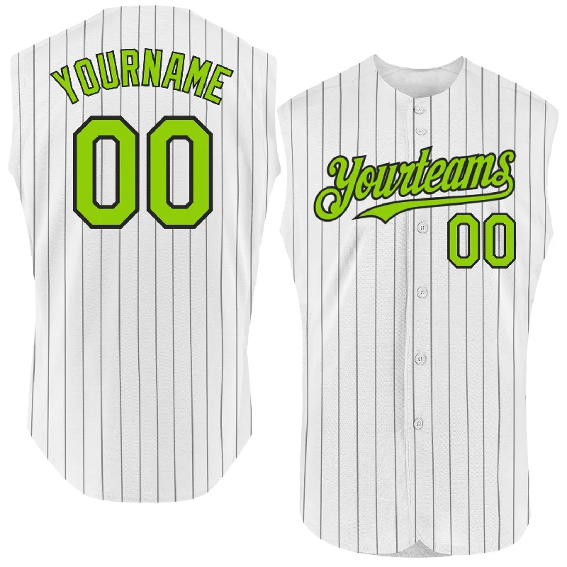 Baseball Jersey for Professional Baseball Players-Custom White Black Pinstripe Neon Green Authentic Sleeveless Baseball Jersey