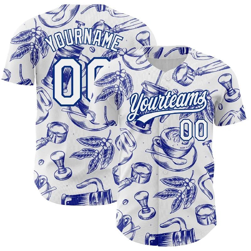 Baseball Jersey for Youth and Adult Sizes-Custom White Royal 3D Pattern Design International Coffee Day Authentic Baseball Jersey